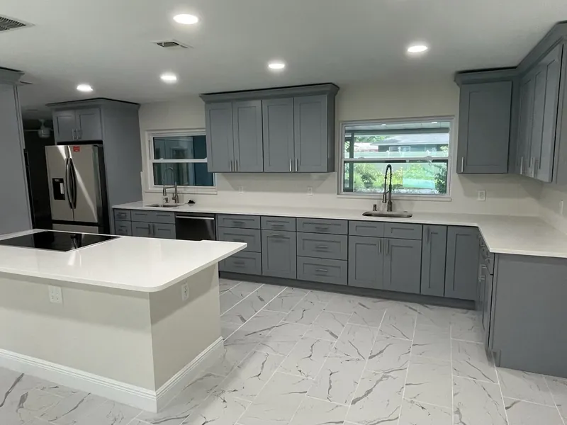 Living area with custom built-in shelving.