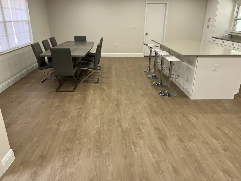 A fully renovated open-plan living area.